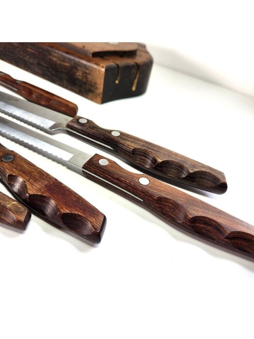 Vintage Imperial Japan Knife Block Hand Carved Inlaid Wood Wall Set 1960s MCM - Picture 10 of 11